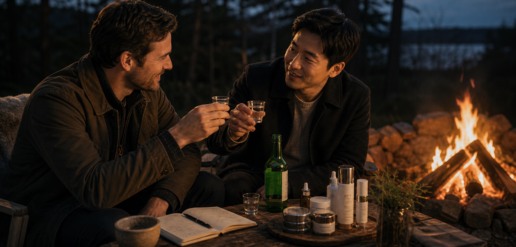 Irish and Korean beauty partners drinking soju beside a campfire