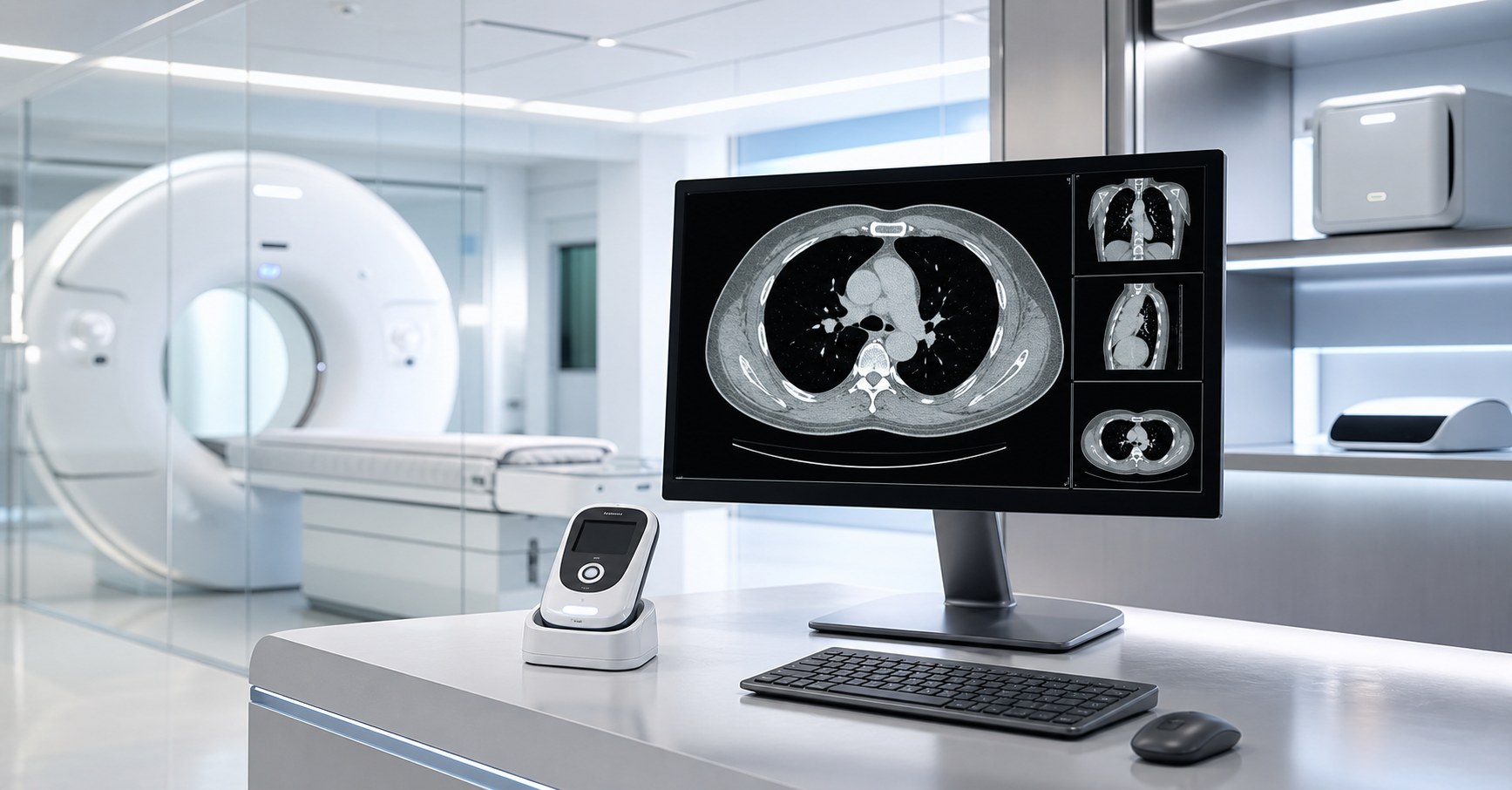 Modern Korean medical technology workstation with AI chest CT analysis and monitoring device