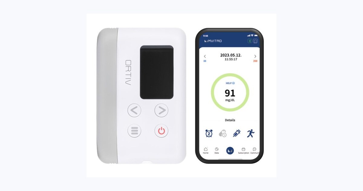 ORTIV needle-free glucose monitor device with MVITRO mobile app